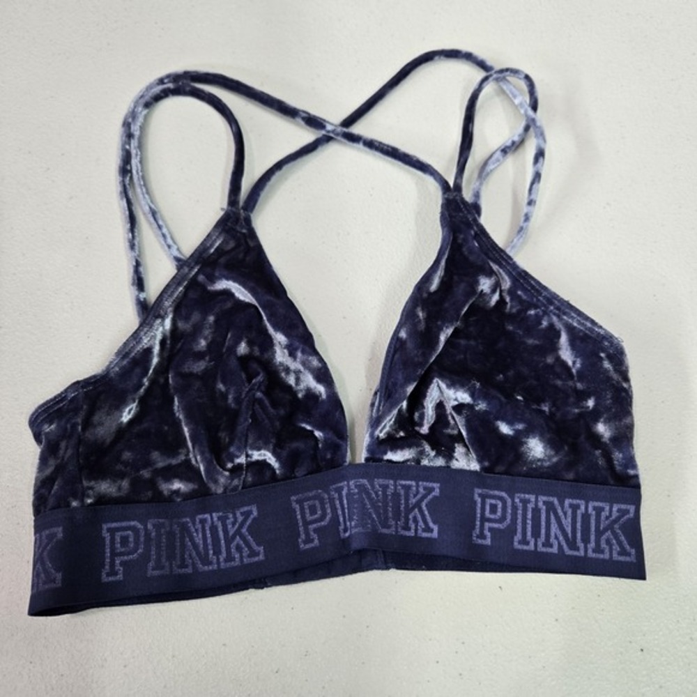 PINK Victoria's Secret Women Bra XS Navy Blue Velour Bralette Wireless Unlined